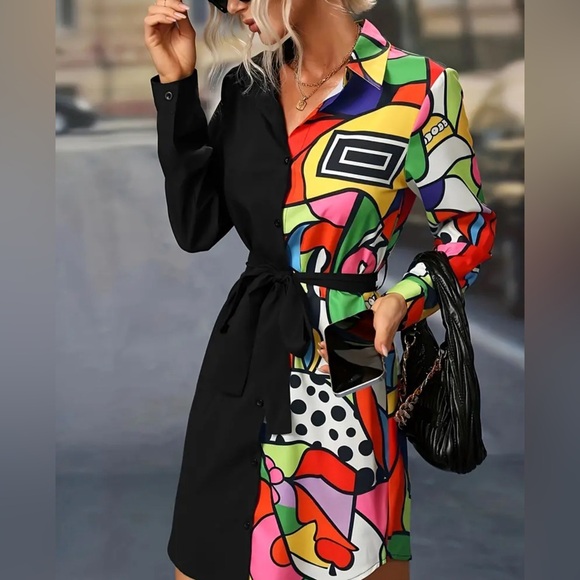 Geo Print Contrast Shirt Dress, Casual Button Front Long Sleeve Dress - Picture 2 of 6